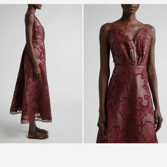 JOHANNA ORTIZ MELANCHOLIC EMBROIDERED VEGAN LEATHER MIDI DRESS. Size 2